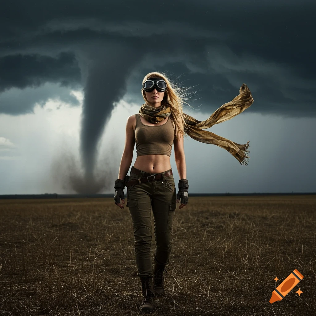 A blonde woman in goggles, crop top, and scarf walks through a field as a tornado looms behind her under a stormy sky.