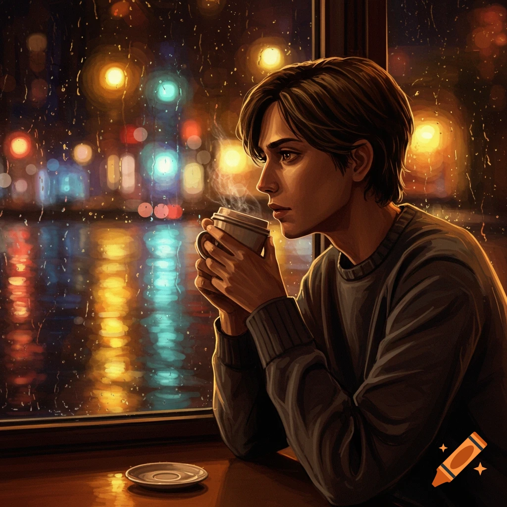 An illustrated person sits by a rainy window at night, holding a steaming coffee, looking at blurry city lights.