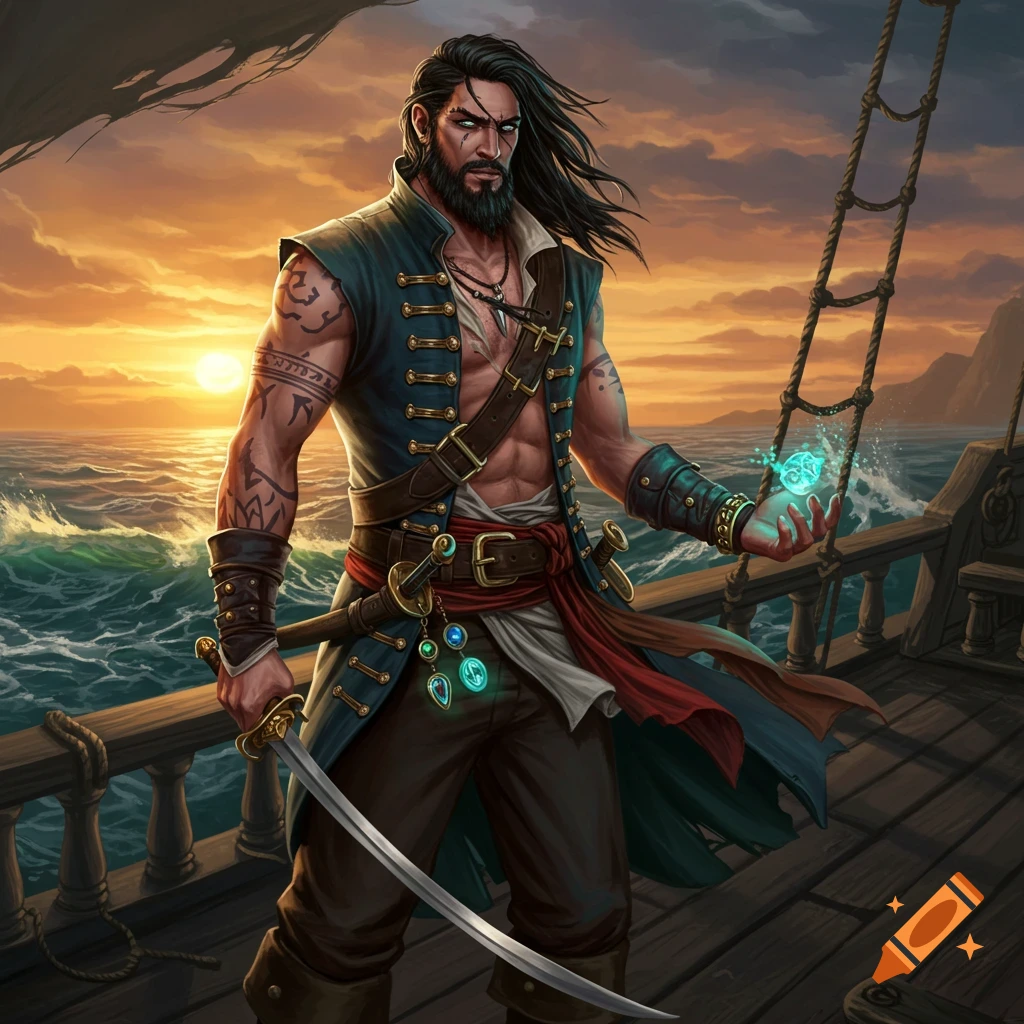 A bearded pirate wizard stands on a ship at sunset, holding a cutlass and a glowing orb, in an illustration art style.