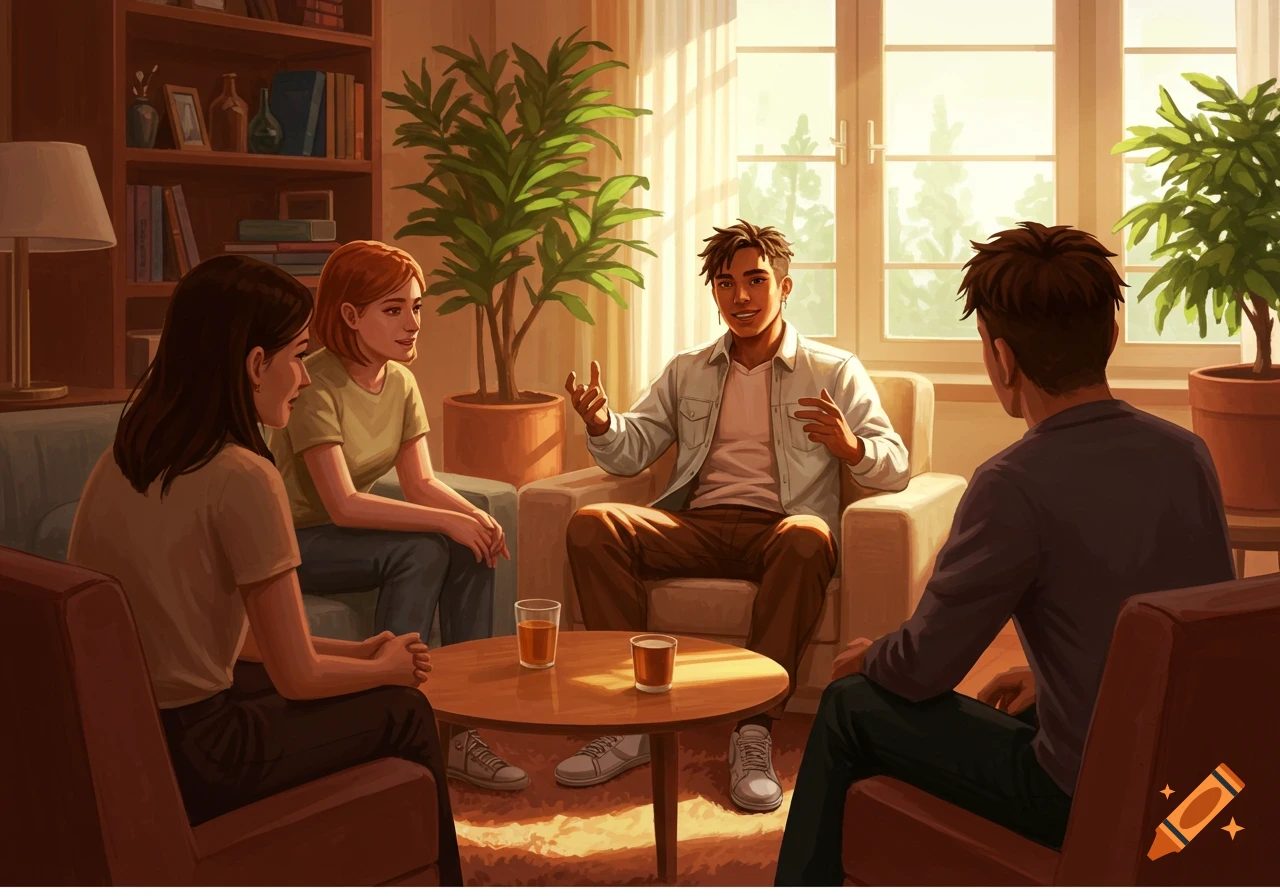 Illustrative scene of four people, two men and two women, sitting in a sunlit living room, engaged in conversation around a coffee table.
