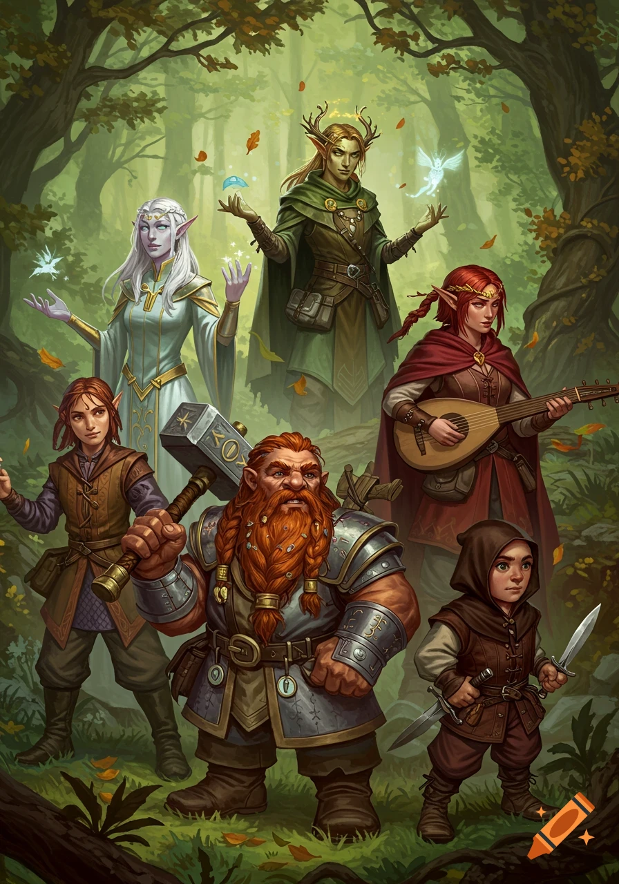 A vibrant fantasy illustration of six diverse adventurers in a forest, including elves, a dwarf, a gnome, and a human.