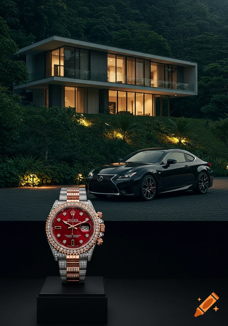 A diamond-encrusted red Rolex watch, a black Lexus car, and a modern mansion in a lush, green mountain setting at dusk.