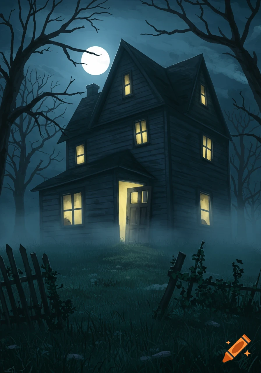 An old, dark house with glowing windows, an open door, and a full moon, surrounded by bare trees and mist. Creepy, illustrative style.