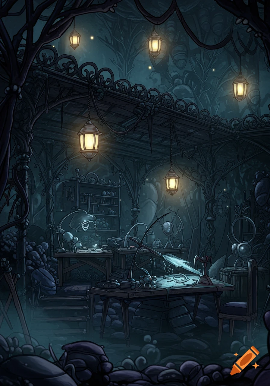 A dark, gothic, insectoid workshop with glowing lanterns, stylized in the Hollow Knight Silksong style.
