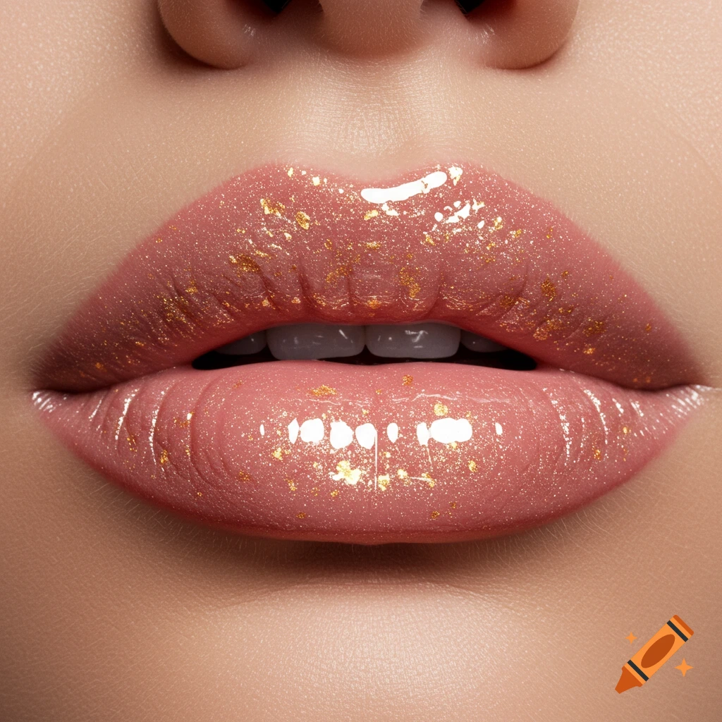 Close-up of glossy lips with nude pink-golden shimmer lip gloss.