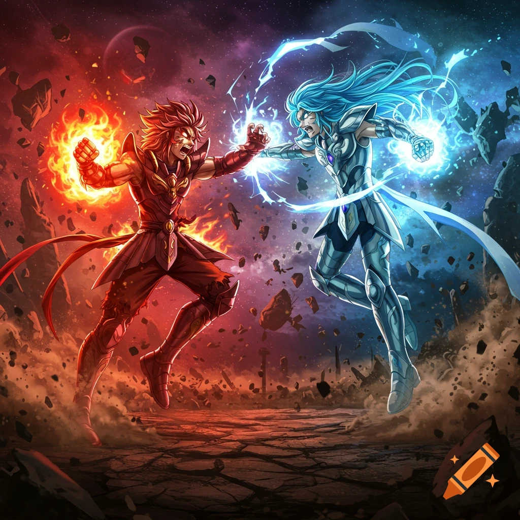 Two anime characters fighting with fire and ice powers amidst debris in a cosmic battleground.