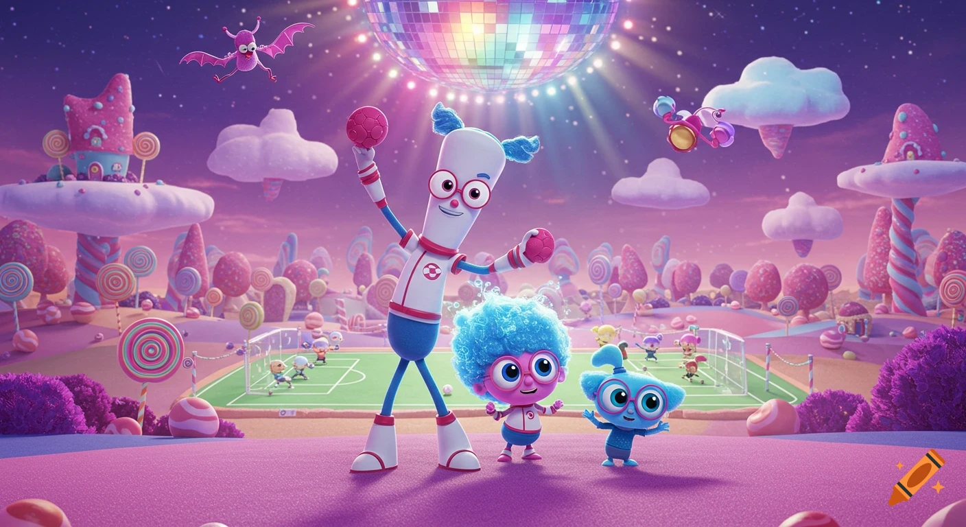 Three animated characters, Zoomer, Bop, and Wizzle, stand grinning in a vibrant, whimsical candy-themed Zanyville landscape.