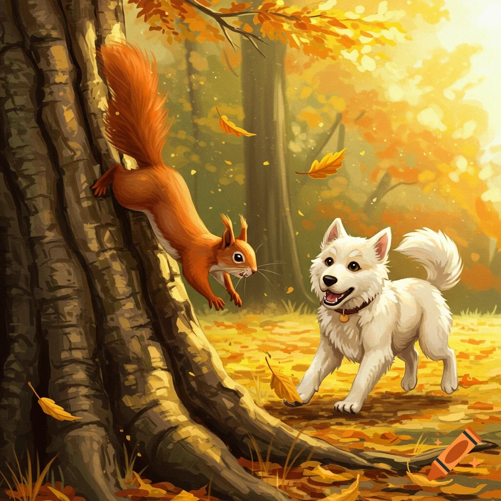 An illustrated squirrel leaps on a tree trunk while a white dog watches playfully in a vibrant autumn forest.