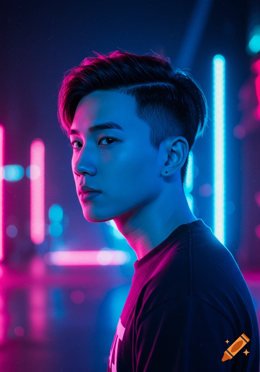 Close-up portrait of a young man with a side part haircut, lit by vibrant blue and pink neon lights in an urban setting.