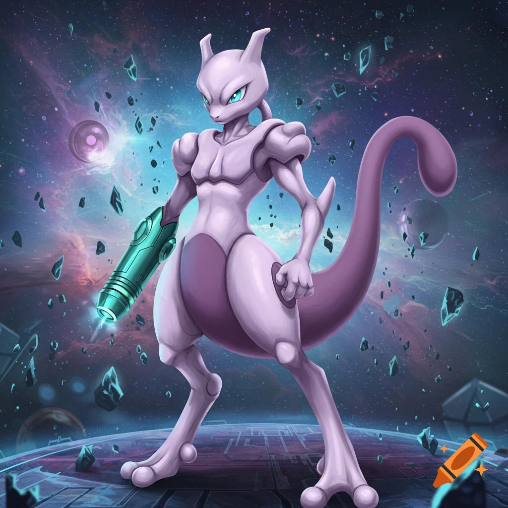 Mewtwo holding a glowing green laser gun, standing on a sci-fi platform in a vibrant galaxy filled with planets and asteroids, digital art.