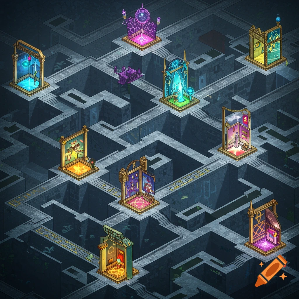 A detailed isometric view of a dark stone maze featuring various glowing, ornate magical portals in different colors.