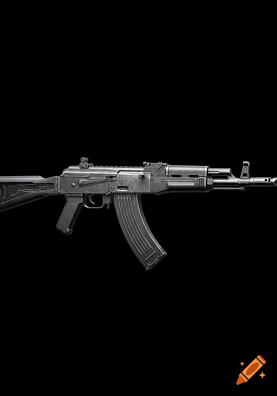 Photorealistic Kalashnikov automatic rifle on a stark black background.