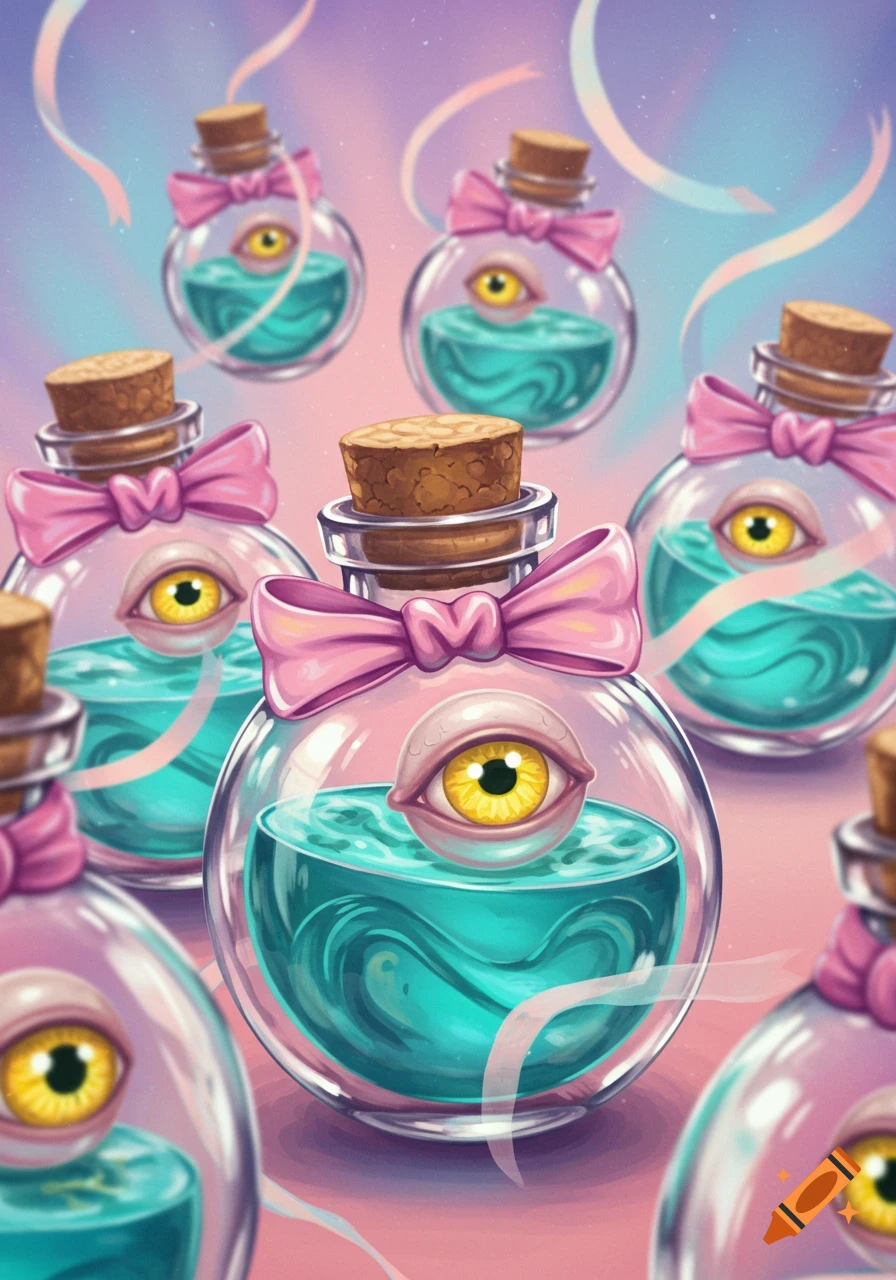 Multiple clear glass bottles with corks, pink bows, and teal liquid, each containing a yellow eyeball, on a pastel background.