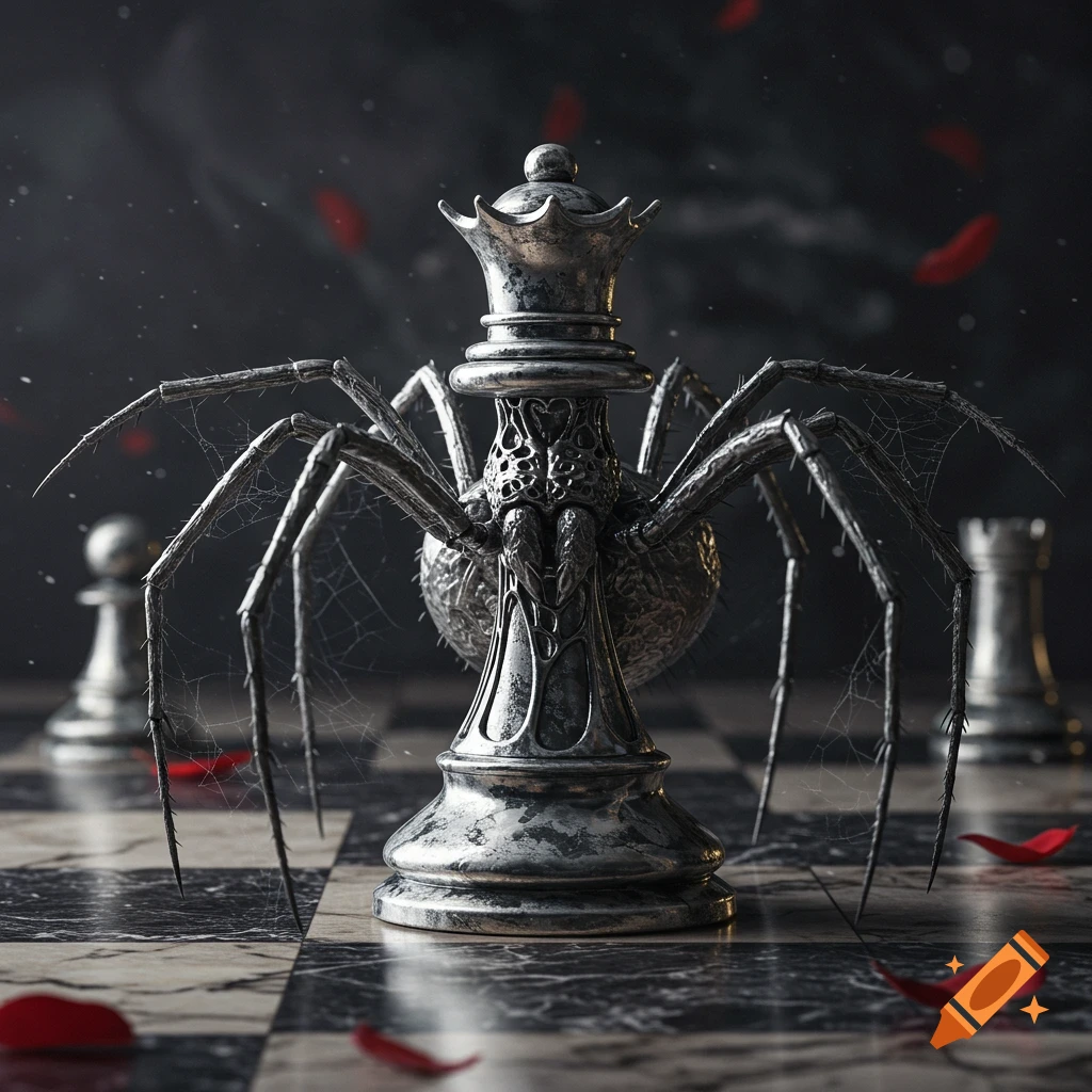 A detailed silver chess queen is fused with a dark, thorny spider on a chessboard, with red petals scattered around.