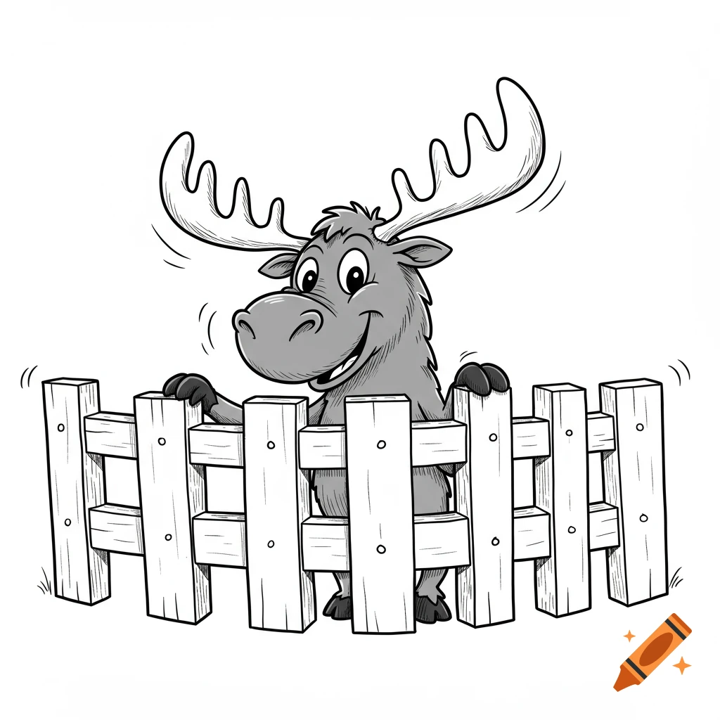 A cheerful black and white cartoon moose smiles from behind a wooden fence.