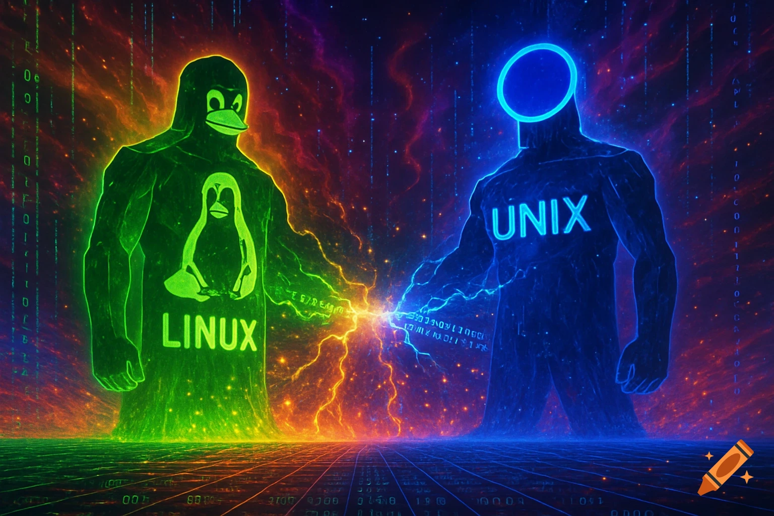 Two muscular, neon figures, one green Linux (Tux) and one blue Unix, face each other with an energy bolt in a digital, cyberpunk style.