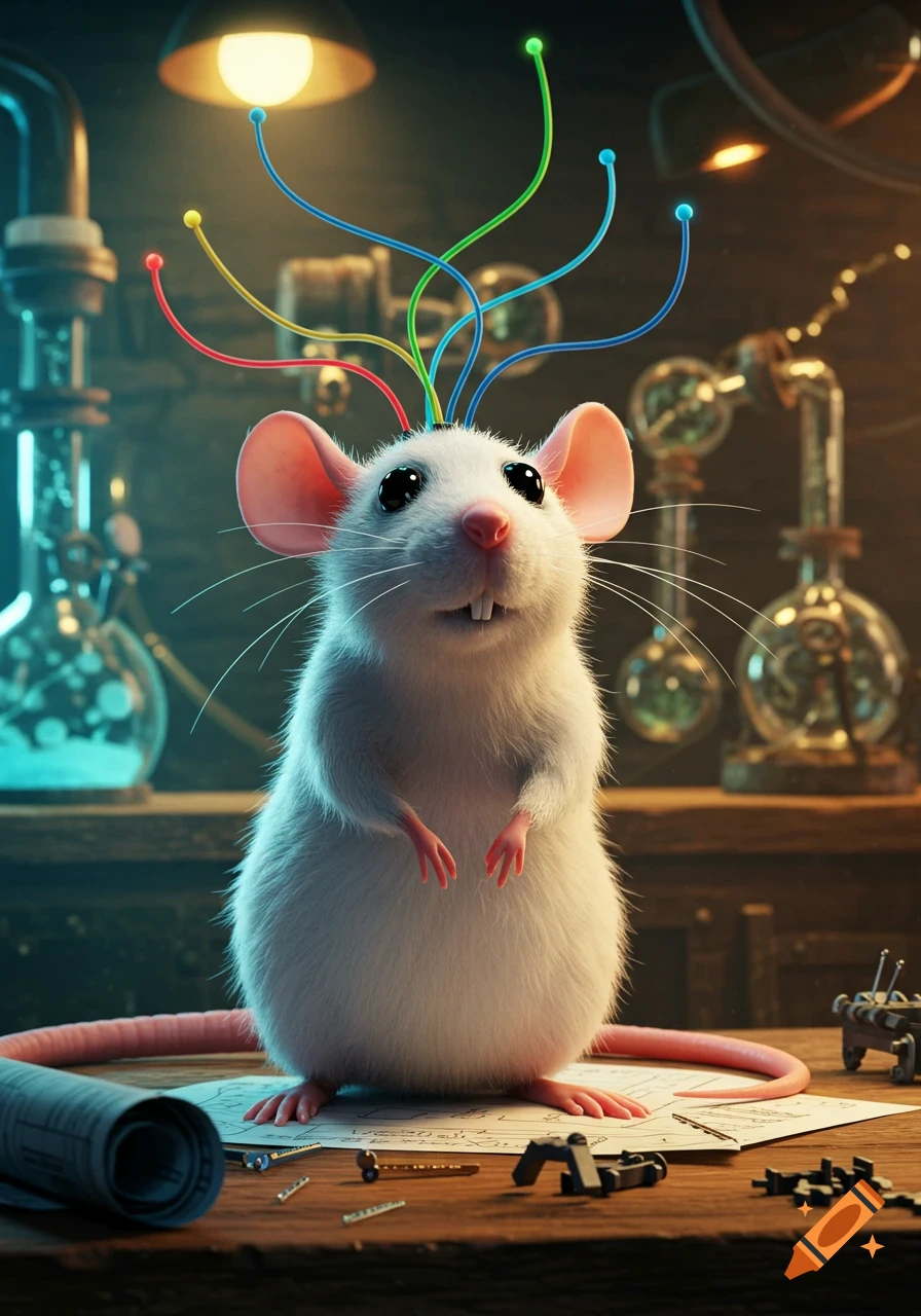 A cute cartoon white lab rat with colorful wires coming out of its head, sitting on a desk with scientific equipment.