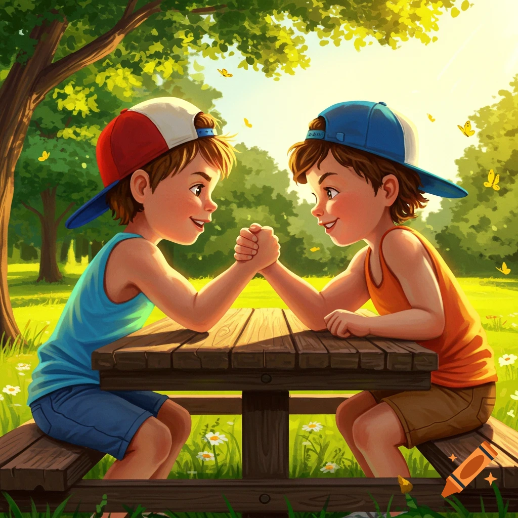 Two cartoon boys arm wrestling at a wooden picnic table in a sunny park with trees and butterflies.
