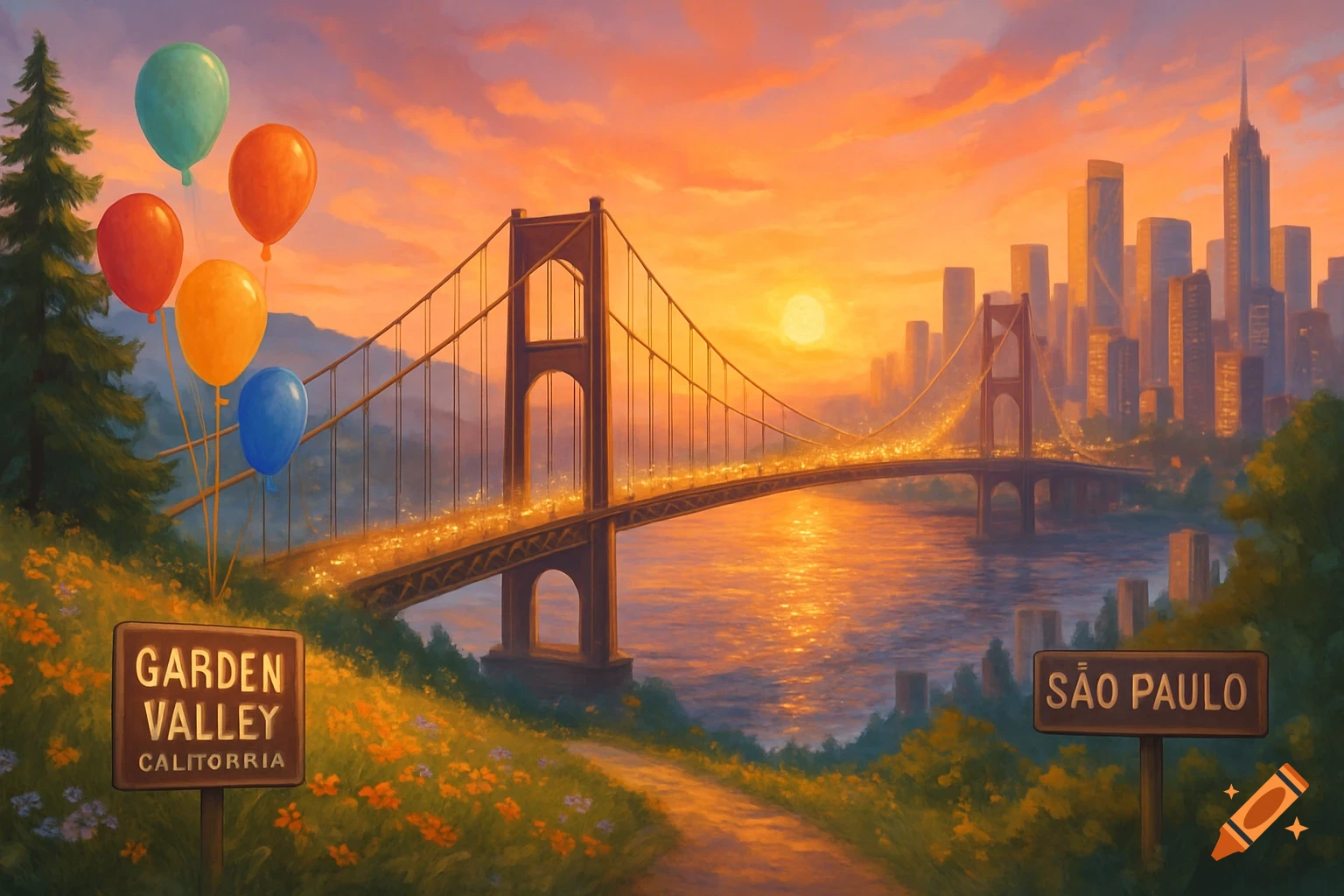 Painterly landscape of a Golden Gate-like bridge connecting a city at sunset, with balloons and signs for 'Garden Valley' and 'São Paulo'.