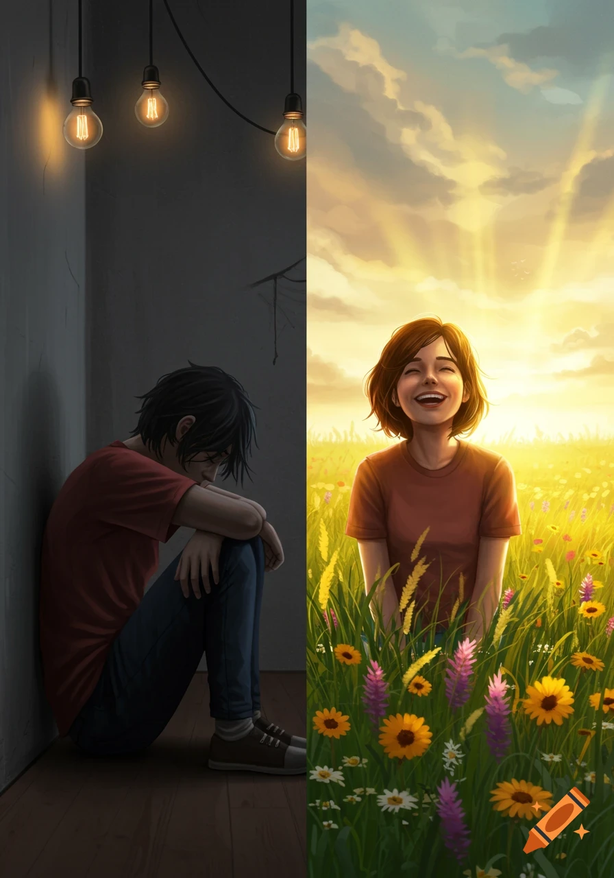Split illustration of a sad person in a dark room and a happy person in a sunny flower field.