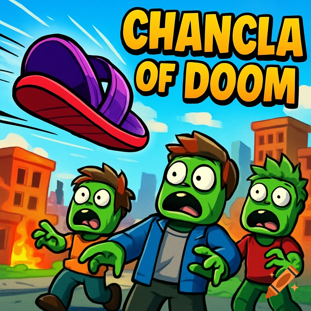 Cartoon zombies with shocked expressions run from a flying purple slipper under the text 'CHANCLA OF DOOM'.