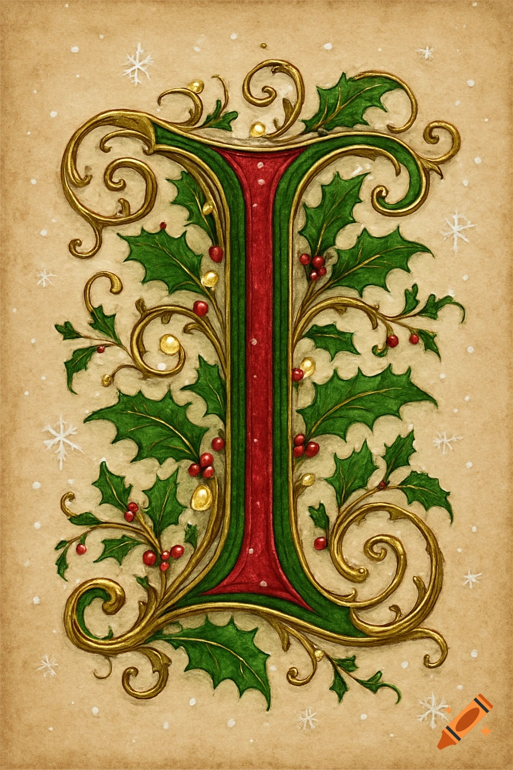 Ornate, festive illuminated letter I with holly, red berries, gold scrollwork on a parchment background with snowflakes.