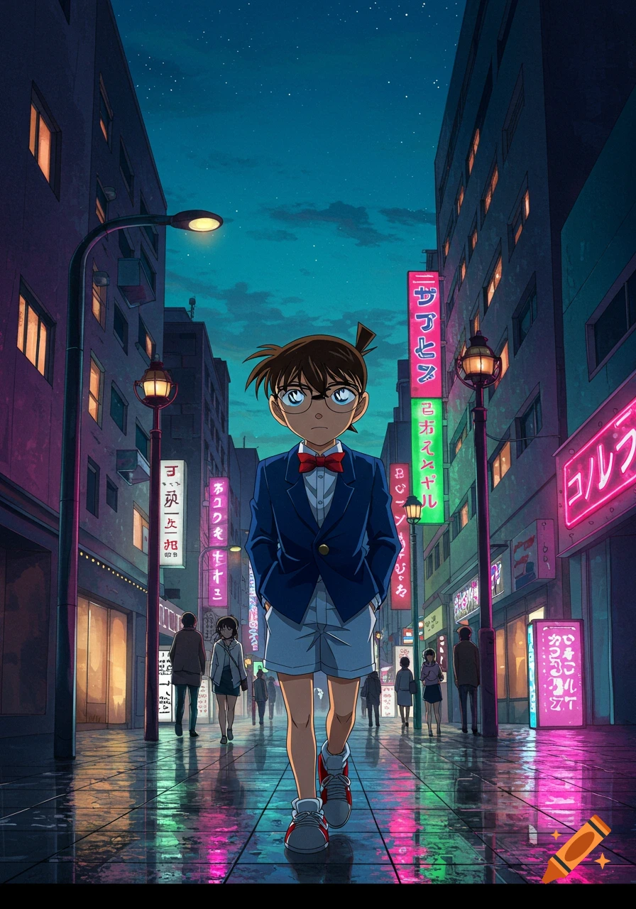 An anime character, Detective Conan, walks down a rainy city street at night, illuminated by neon signs and streetlights reflected on the wet ground.