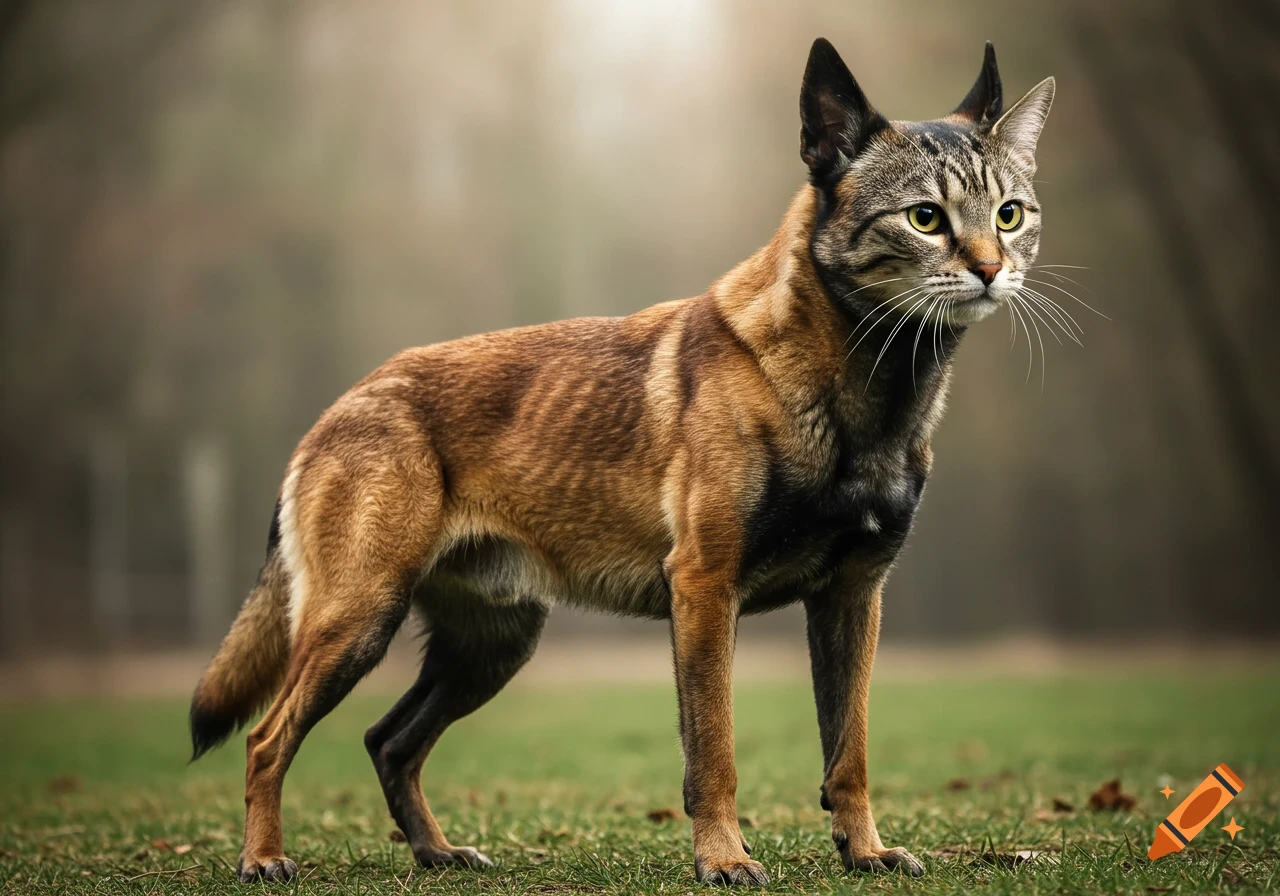 Photorealistic hybrid creature with a Belgian Malinois body and a tabby cat head, standing outdoors on grass.