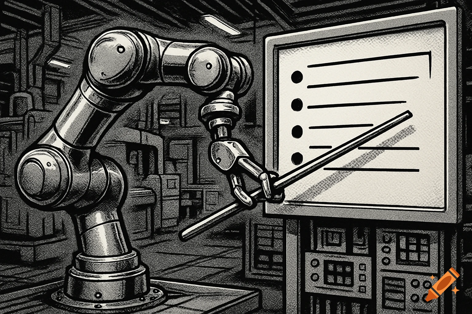 Grayscale comic-style illustration of a robot arm in a factory pointing at a bulleted list on a screen.