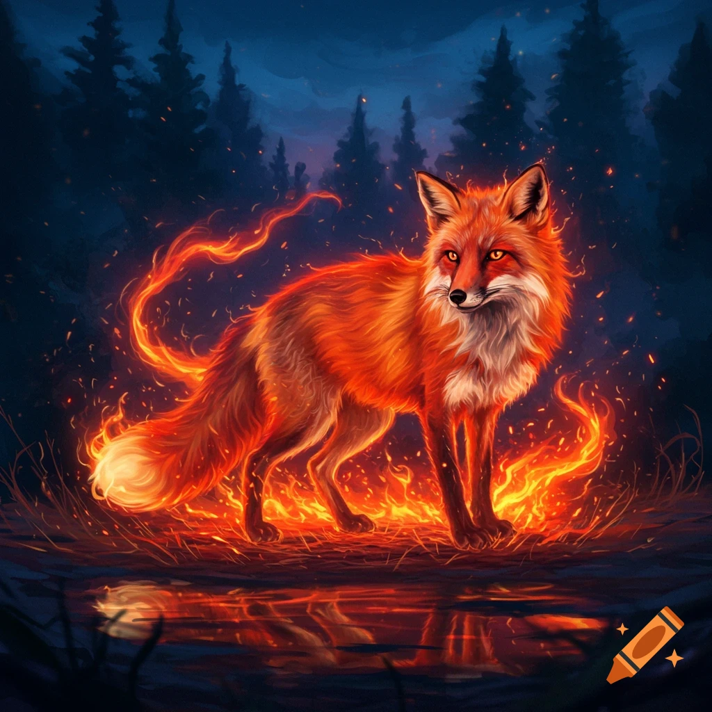 A vibrant red fox with glowing orange fur stands amidst swirling flames and embers in a dark, mystical forest at night, with reflections in water.