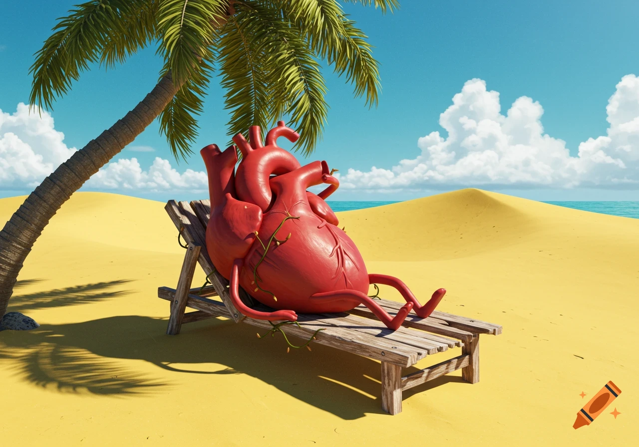 A stylized red heart with cartoon limbs relaxes on a wooden lounge chair under a palm tree on a yellow sandy beach.