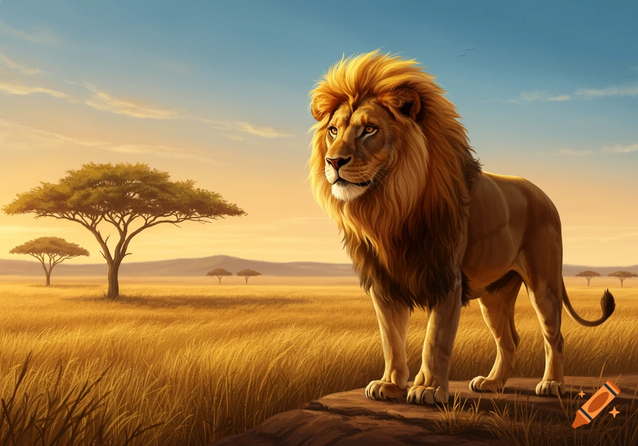 A majestic lion with a golden mane stands proudly on a rock in a sunlit savanna with acacia trees.