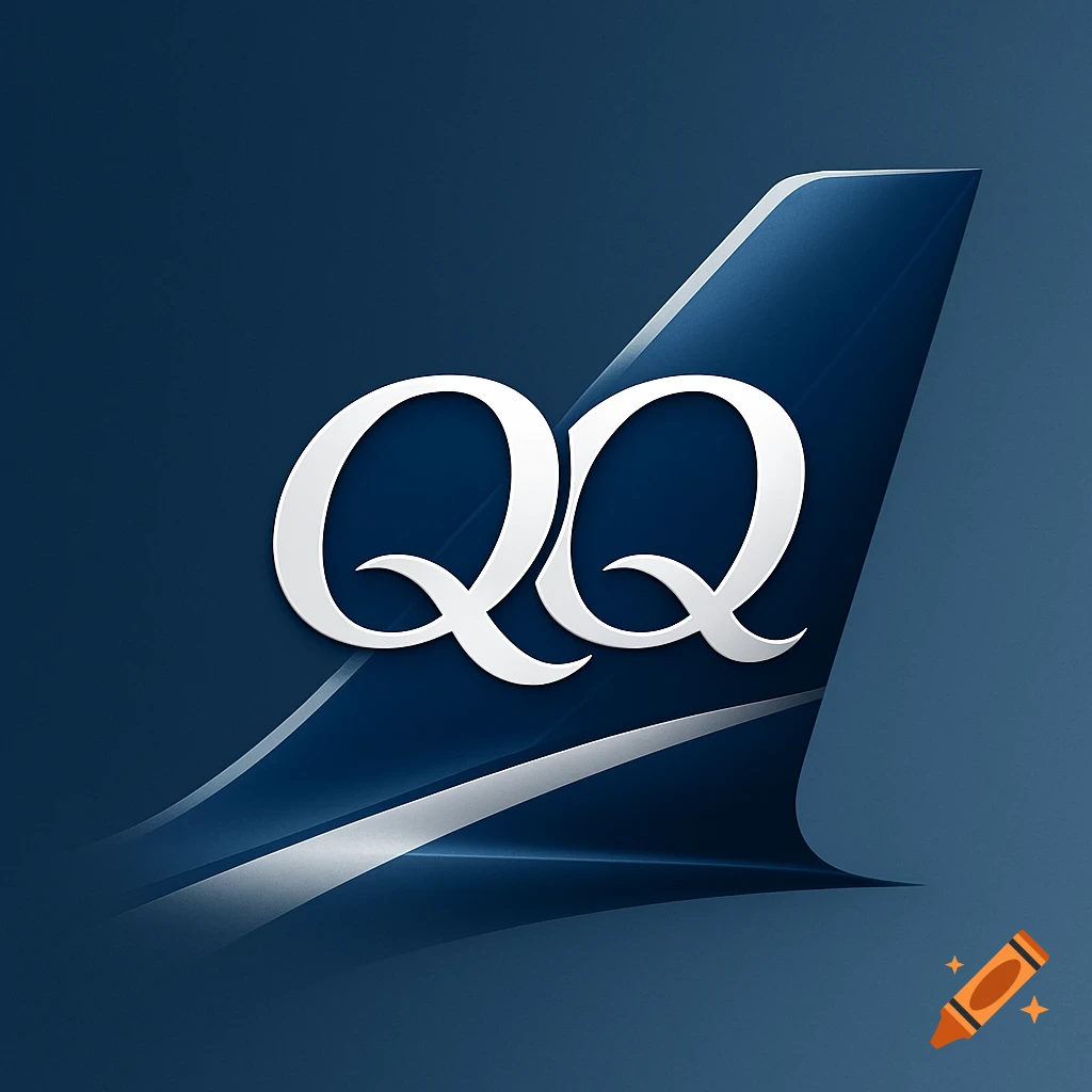 White stylized 'QQ' letters on a dark blue aircraft tailfin logo with silver accents.