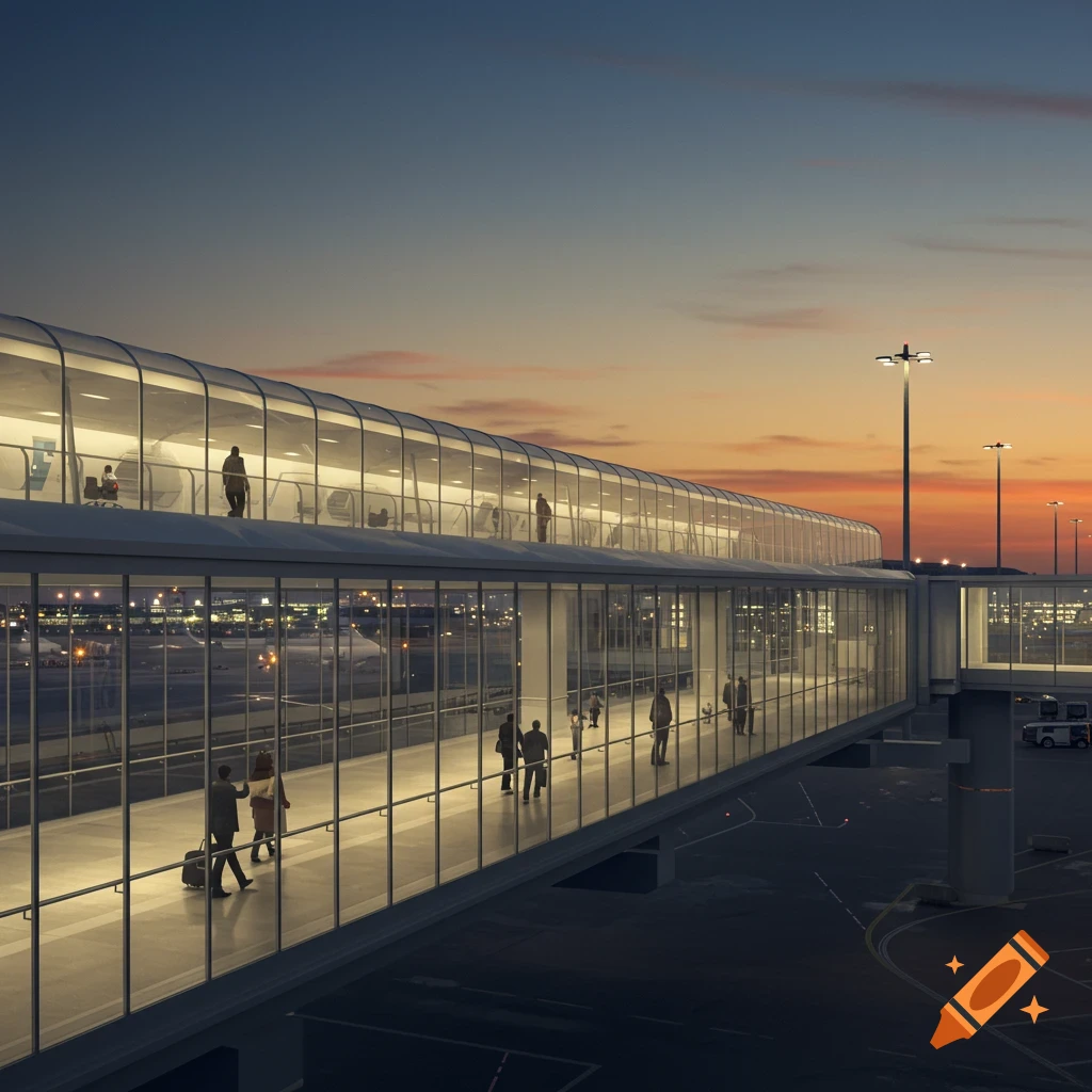A photorealistic modern airport passenger bridge at dusk, with travelers walking inside and aircraft on the tarmac.