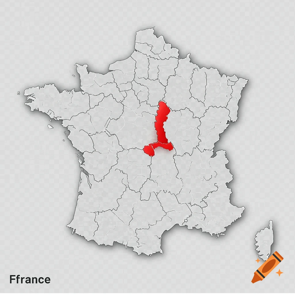 Minimalist map of France with the Cantal department highlighted in red with a relief effect, on a transparent background.
