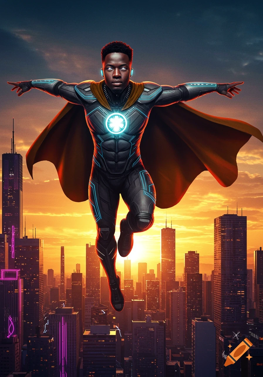 A Black superhero in a futuristic suit and cape flies over a city skyline at sunset.