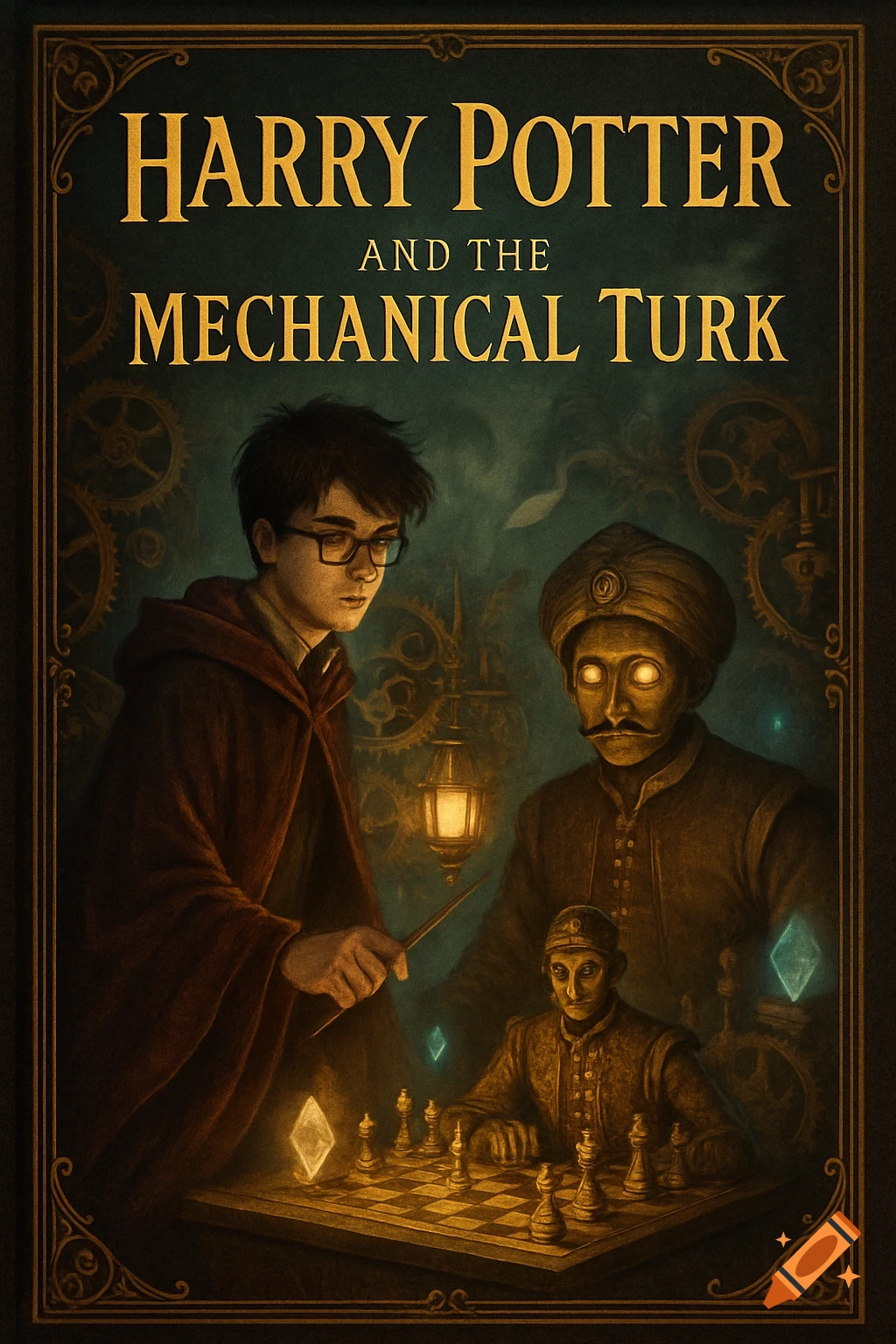 Book cover for 'Harry Potter and the Mechanical Turk' showing Harry, a turbaned figure, and a smaller figure playing chess.