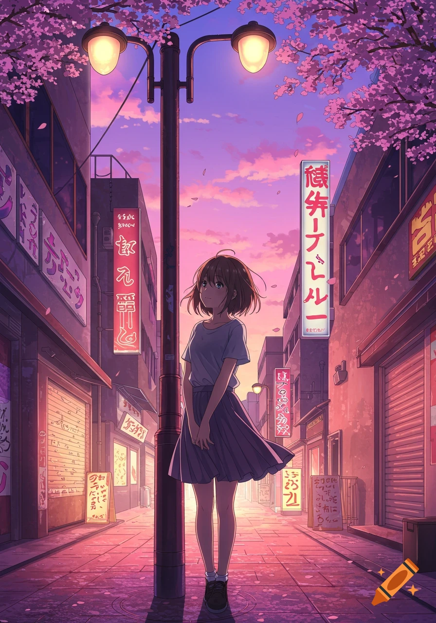 Anime girl stands under a street light on a city street with Japanese buildings and cherry blossoms at sunset, digital art.