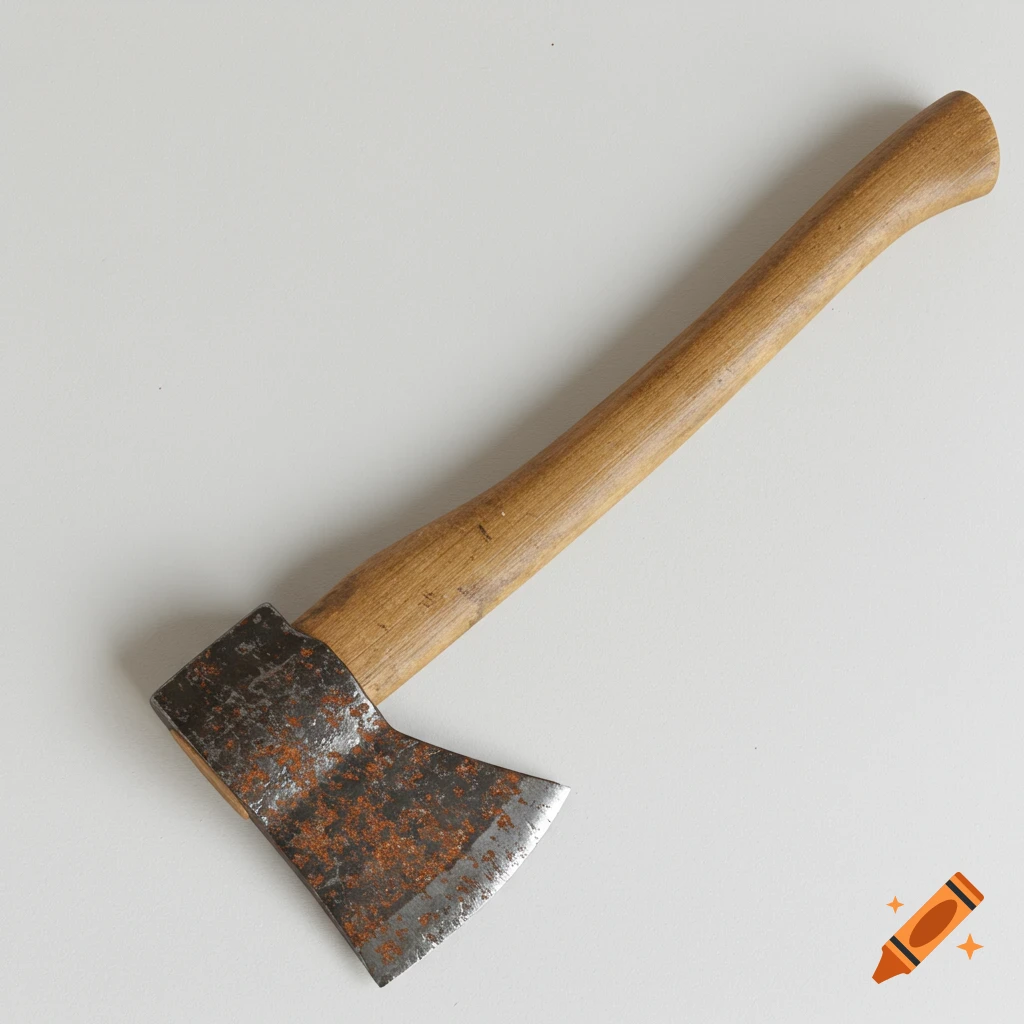 A close-up of a rusty axe with a wooden handle resting on a white background in a photorealistic style.