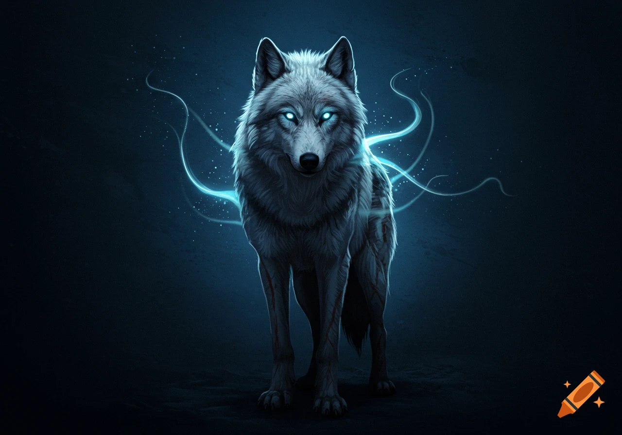 A mystical white wolf with glowing blue eyes stands in a dark background, surrounded by a light blue aura.