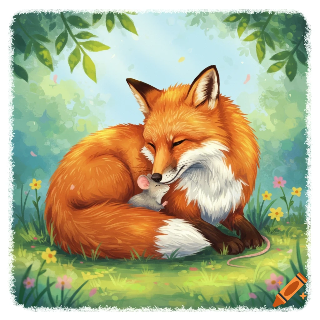 Illustration of a sleeping orange fox cuddling a small gray mouse in a grassy field with flowers and green leaves.
