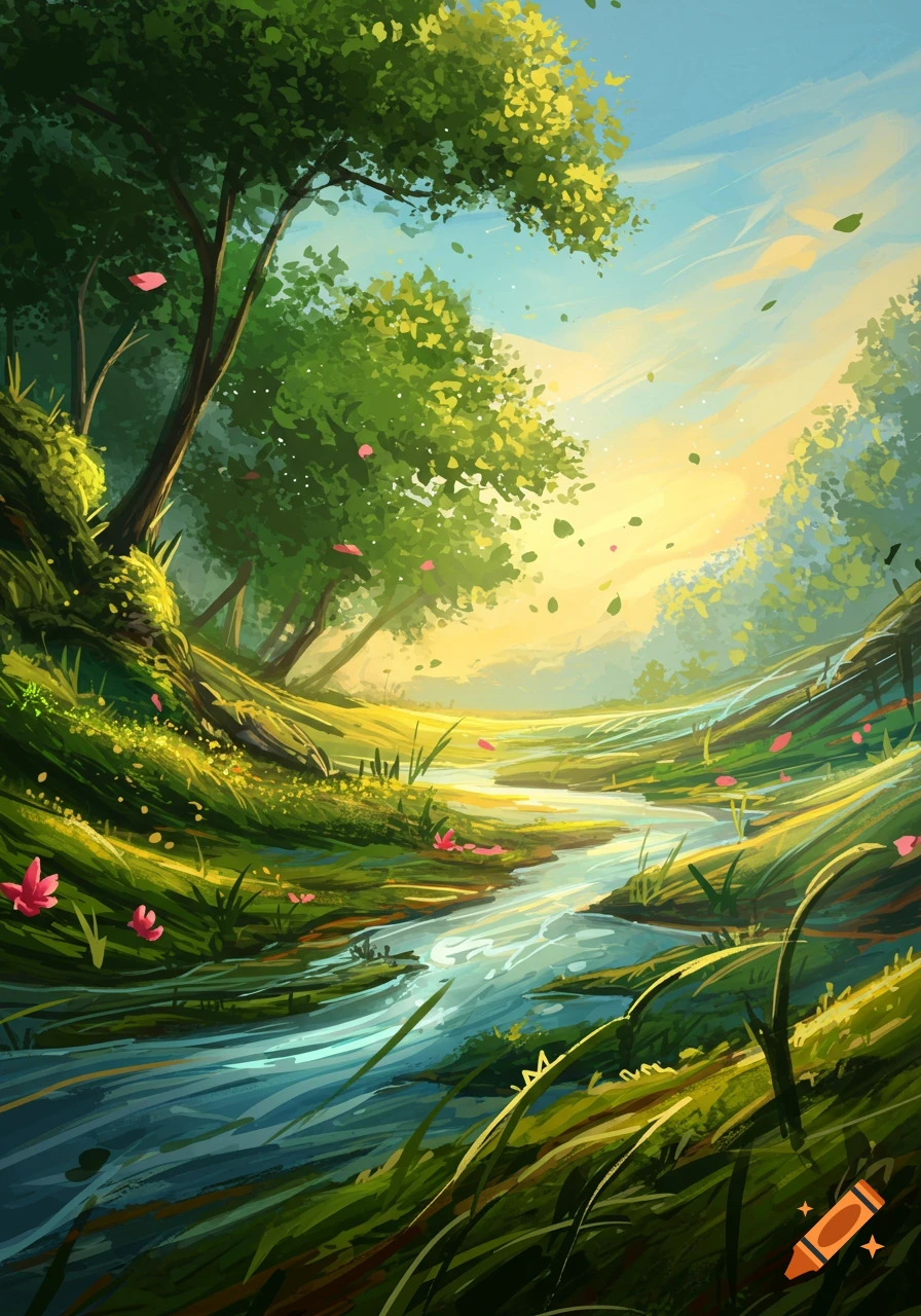 A vibrant, stylized nature scene featuring a winding river, lush green trees, and falling pink petals under a bright sky.