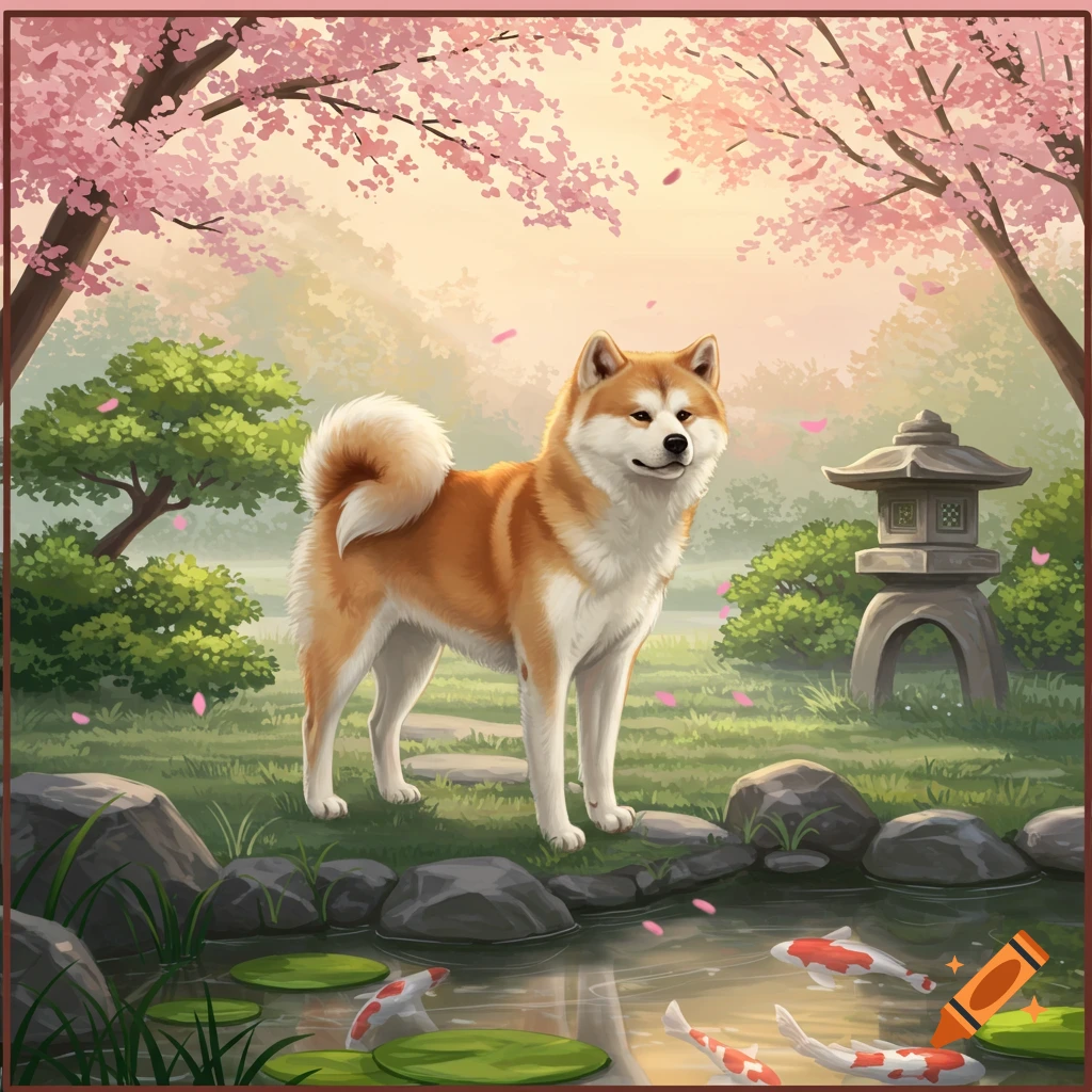 An illustrated Akita dog stands in a serene Japanese garden with cherry blossoms, a pond, koi fish, and a stone lantern.