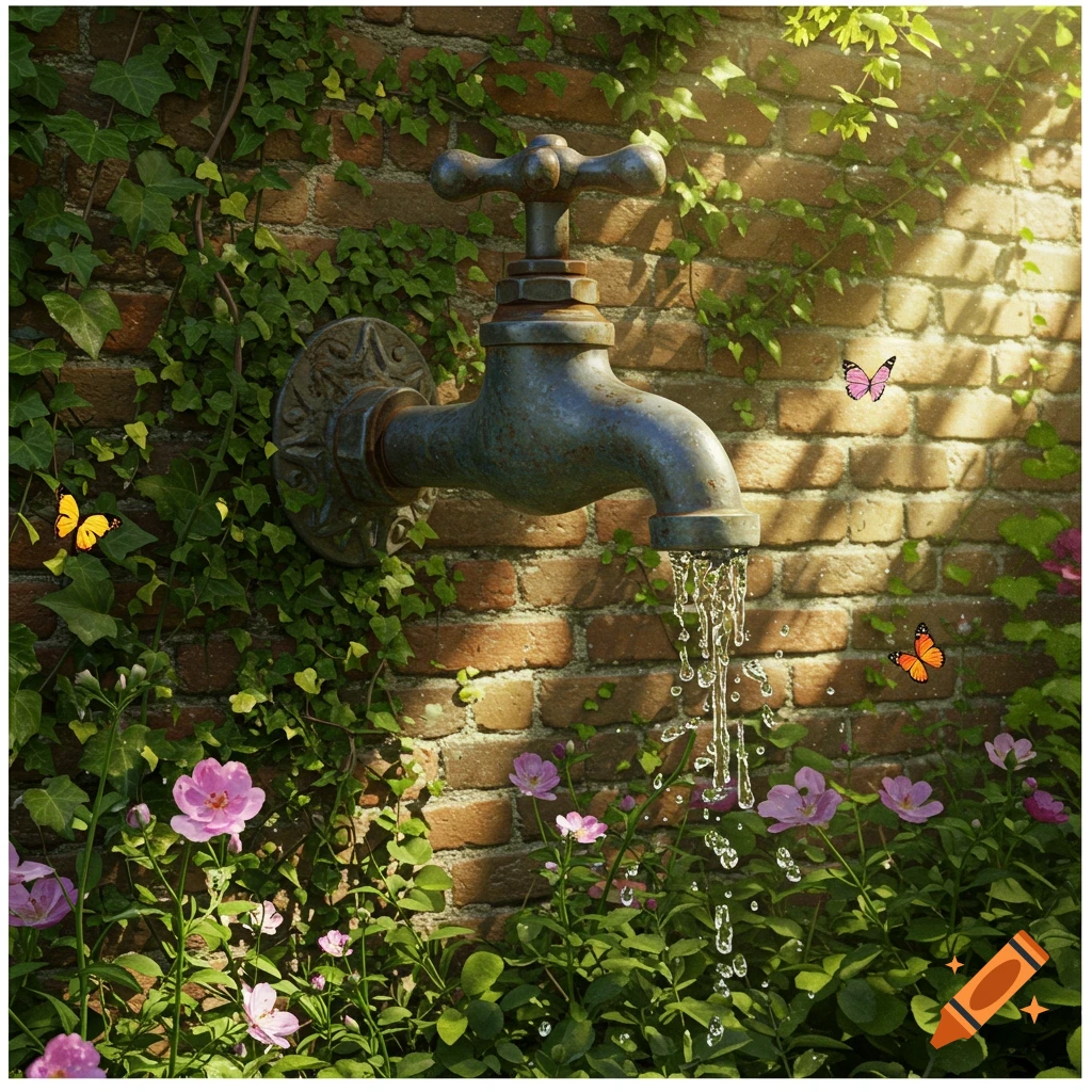 An old metal garden tap drips water onto pink flowers and green ivy on a brick wall, with butterflies fluttering. Photorealistic.