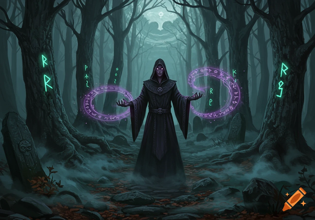 A hooded sorcerer in a dark, misty forest casts glowing purple magic circles filled with runes.