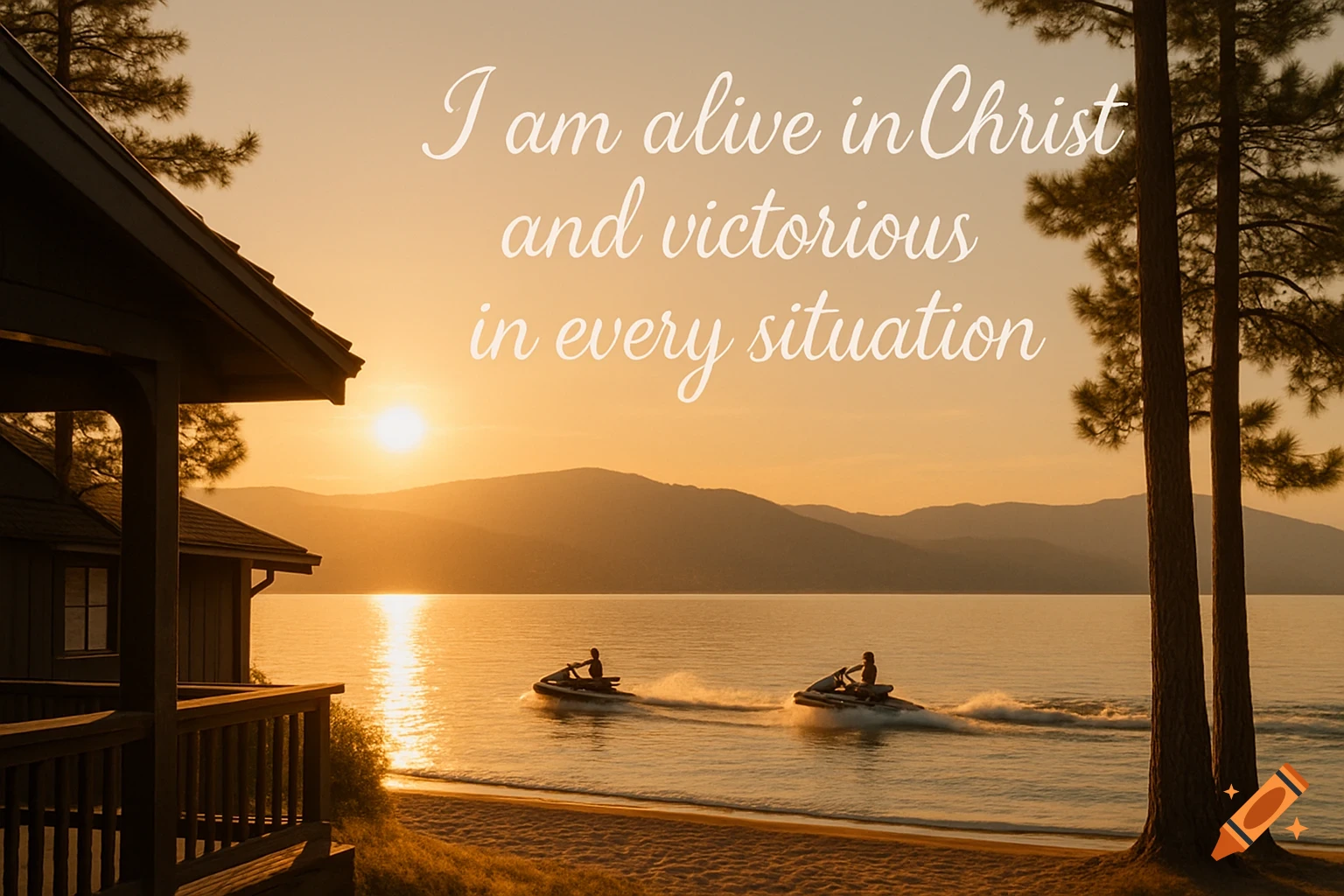 A golden hour lake scene with jet skis, a cabin, mountains, and the text 'I am alive in Christ and victorious in every situation.'