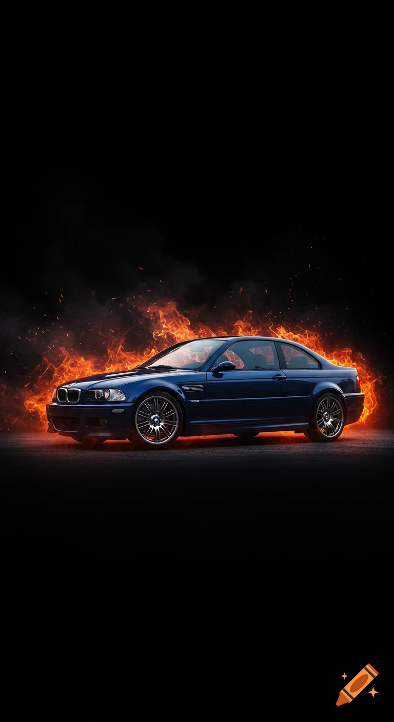 A dark, minimalist wallpaper featuring a blue BMW M3 E46 sports car emerging from orange flames and smoke.