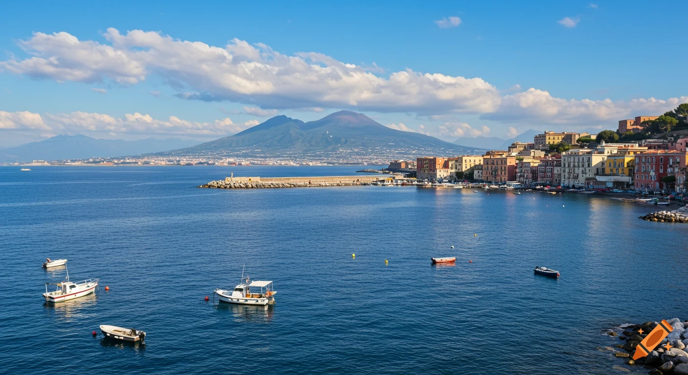 Photorealistic panorama of the Bay of Naples, Italy, with colorful coastal houses, fishing boats, and Mount Vesuvius under a clear sky.