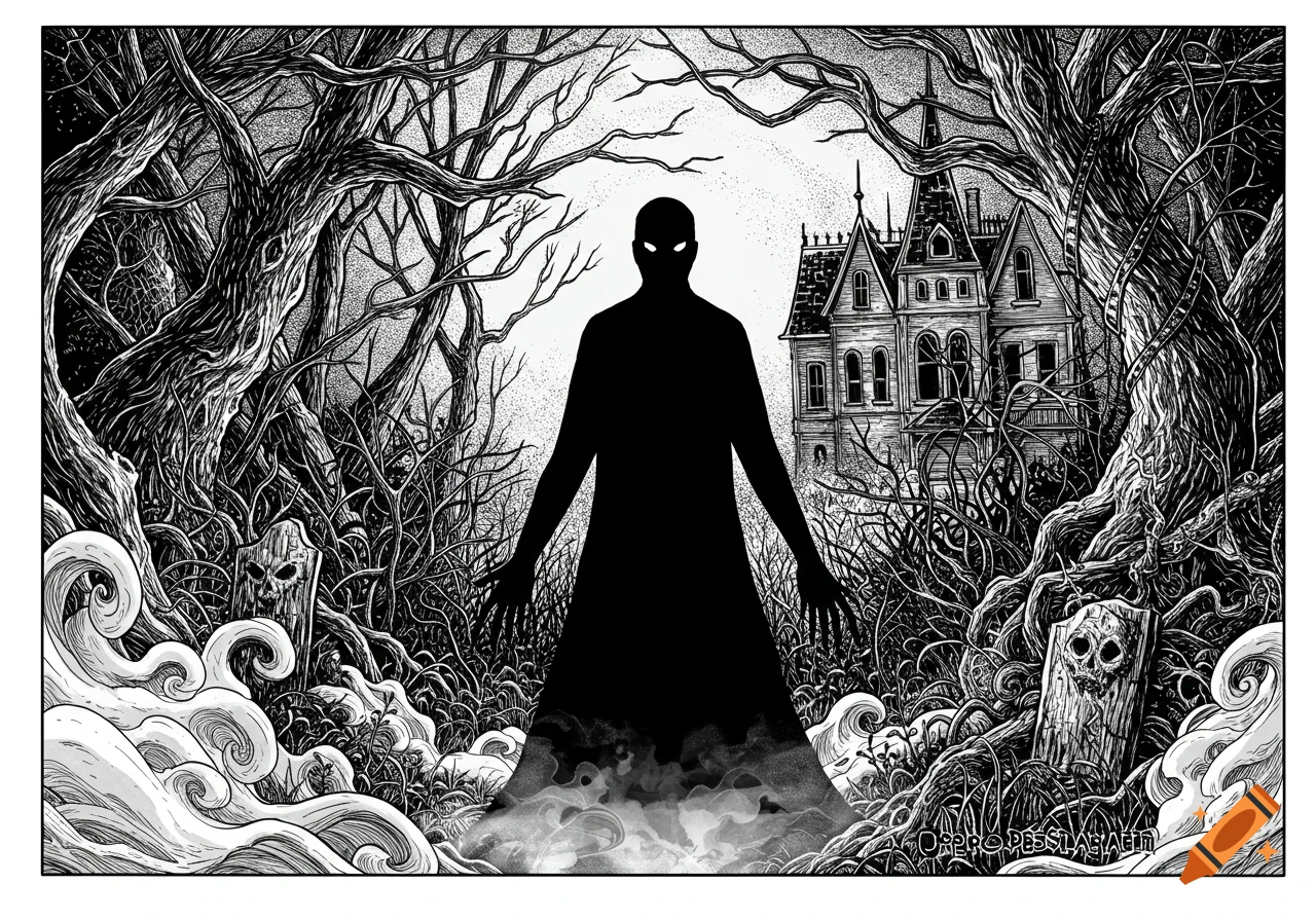A shadowy figure with glowing eyes stands in a dark, gnarled forest with skull grave markers and a haunted house, in a black and white line drawing style.