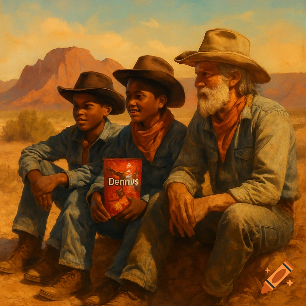 A painting depicts two young Black cowboys and an old white man sitting in a desert landscape with mountains in the background. One young boy holds a red can labeled "Dennus".